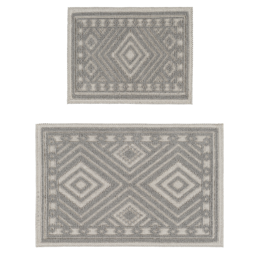 Cream / Grey-BK05 - Ruglenza Greca Bath Mat Set - 2 Pieces
