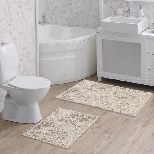 Ecru / Beige-BK02 - Ruglenza Greca Bath Mat Set - 2 Pieces - 2