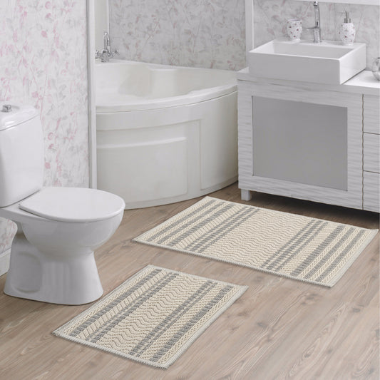 Ecru / Grey-BK04 - Ruglenza Greca Bath Mat Set - 2 Pieces - 2