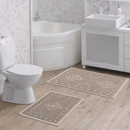 Cream / Beige-BK05 - Ruglenza Greca Bath Mat Set - 2 Pieces - 2