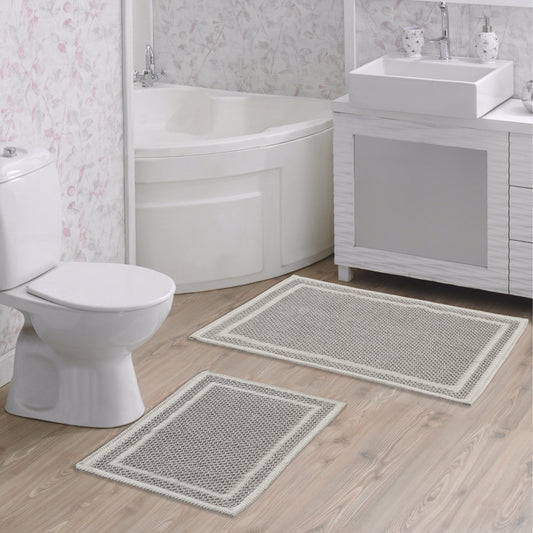 Ecru / Grey-BK10 - Ruglenza Greca Bath Mat Set - 2 Pieces - 2
