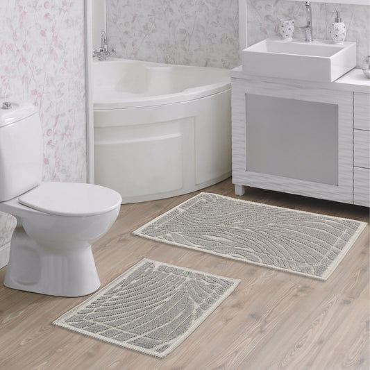 Ecru / Grey-BK01 - Ruglenza Greca Bath Mat Set - 2 Pieces - 2