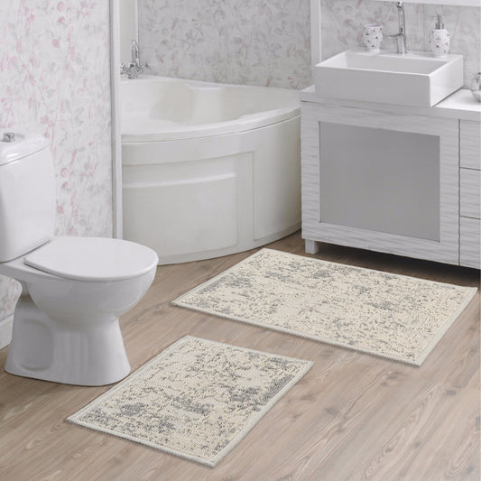 Ecru / Grey-BK02 - Ruglenza Greca Bath Mat Set - 2 Pieces - 2