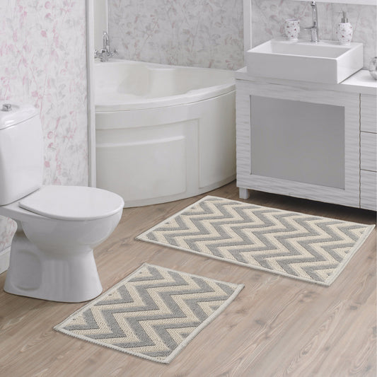 Ecru / Grey-BK03 - Ruglenza Greca Bath Mat Set - 2 Pieces - 2