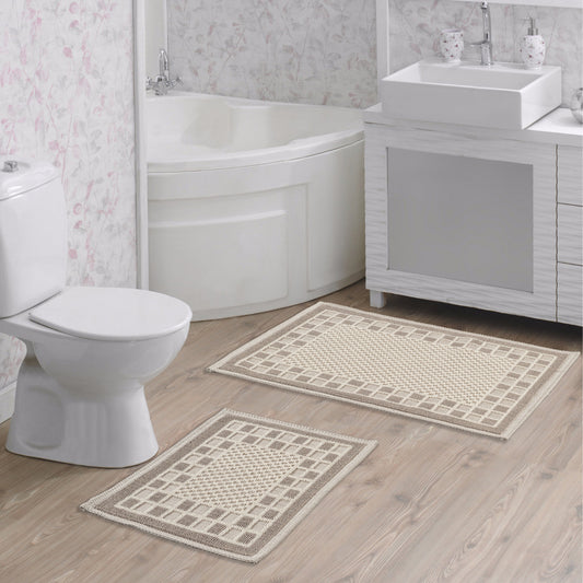 Cream / Beige-BK08 - Ruglenza Greca Bath Mat Set - 2 Pieces - 2