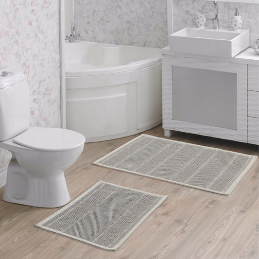 Ecru / Grey-BK12 - Ruglenza Greca Bath Mat Set - 2 Pieces - 2